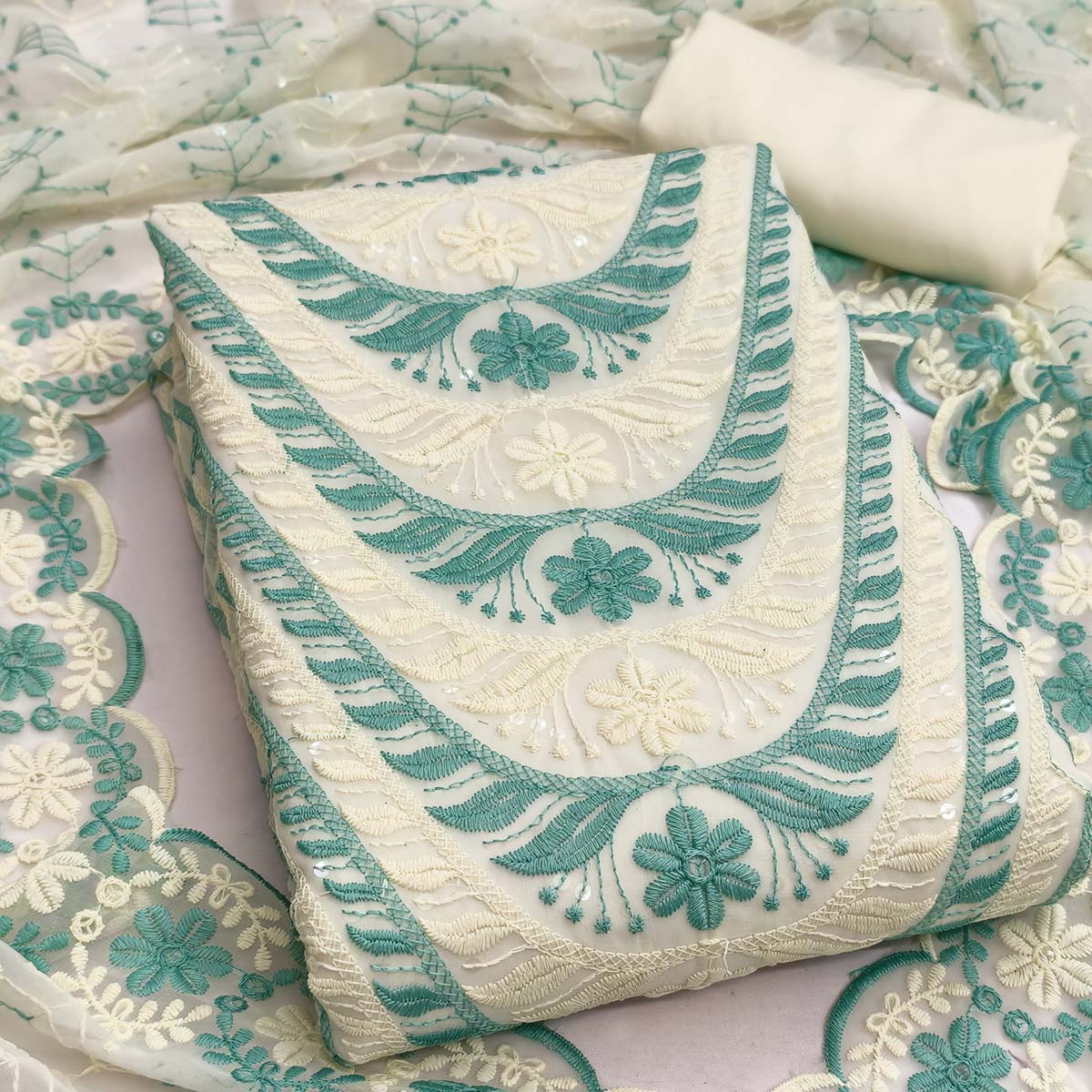 Cream & Rama Green Heavy Embroidered Georgette Dress MaterialEnhanced with Floral Resham Dupatta