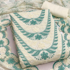 Cream & Rama Green Heavy Embroidered Georgette Dress MaterialEnhanced with Floral Resham Dupatta