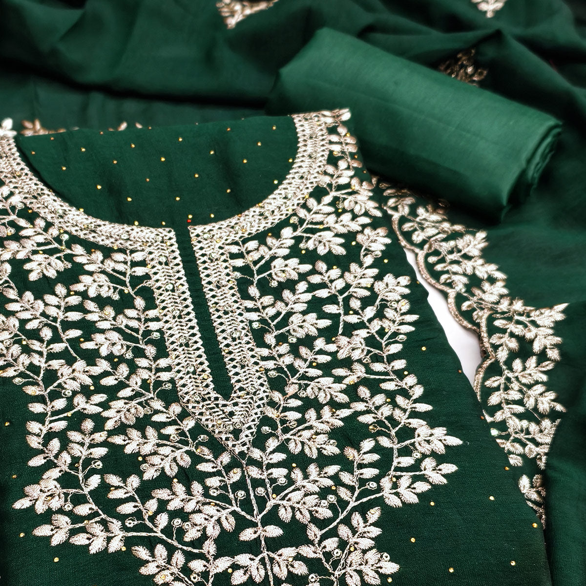 Green Floral Motif Vichitra Silk Dress Material Featuring Sequins Embroidery & Swarovski Work