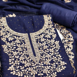 Navy Blue Floral Motif Vichitra Silk Dress Material Featuring Sequins Embroidery & Swarovski Work