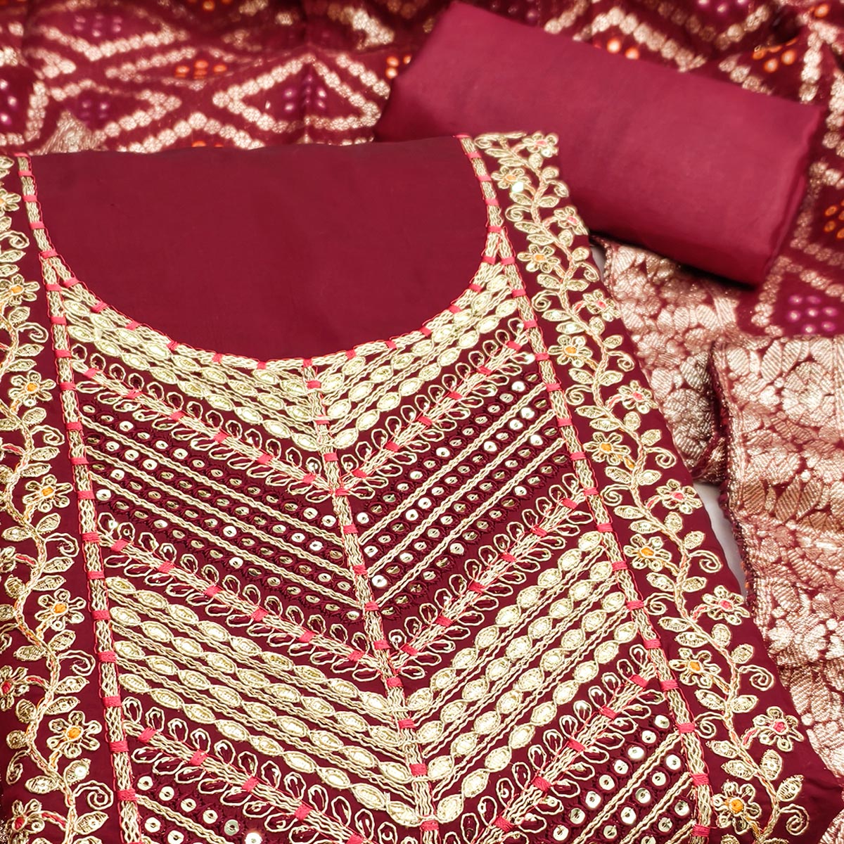 Maroon Silk Blend Dress Material Adorned With Floral Cording Embroidery & Elegant Sequins Work