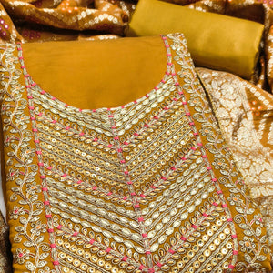 Mustard Silk Blend Dress Material Adorned With Floral Cording Embroidery & Elegant Sequins Work