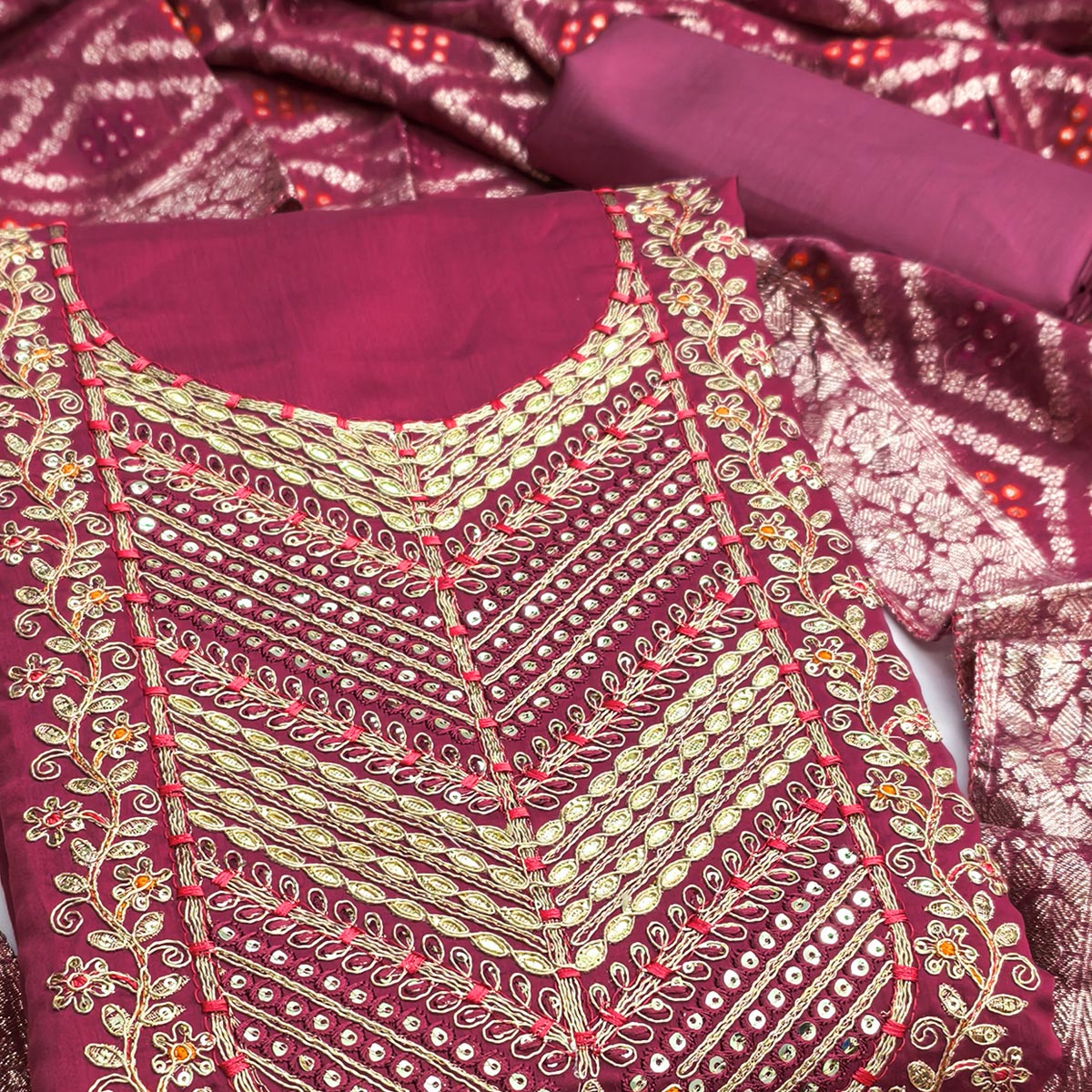 Pink Silk Blend Dress Material Adorned With Floral Cording Embroidery & Elegant Sequins Work