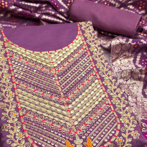 Purple Silk Blend Dress Material Adorned With Floral Cording Embroidery & Elegant Sequins Work