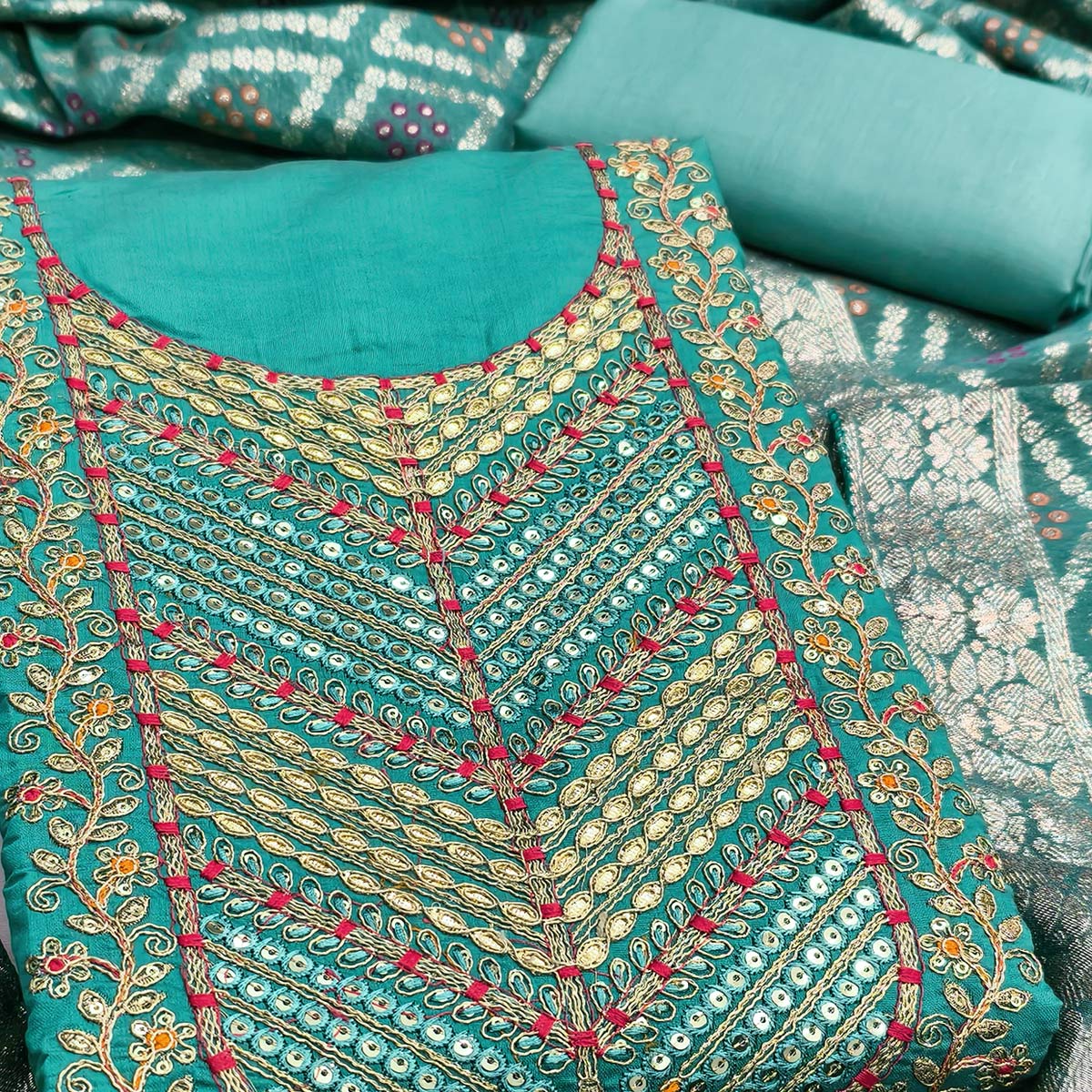 Turquoise Silk Blend Dress Material Adorned With Floral Cording Embroidery & Elegant Sequins Work