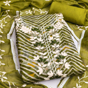 Exclusive Mehendi Green Floral Embroidered Silk Blend Dress Material With Artistic Zig Zag Print