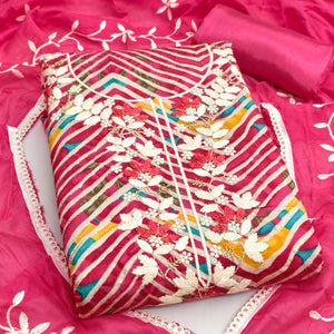 Exclusive Pink Floral Embroidered Silk Blend Dress Material With Artistic Zig Zag Print