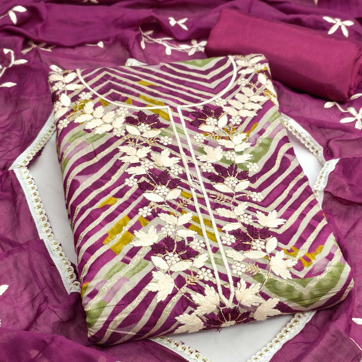 Exclusive Purple Floral Embroidered Silk Blend Dress Material With Artistic Zig Zag Print