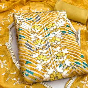 Exclusive Yellow Floral Embroidered Silk Blend Dress Material With Artistic Zig Zag Print