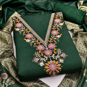 Exclusive Bottle Green Floral Cording Embroidered Silk Blend Dress Material With Luxe Sequins Work