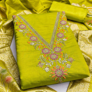 Exclusive Parrot Green Floral Cording Embroidered Silk Blend Dress Material With Luxe Sequins Work