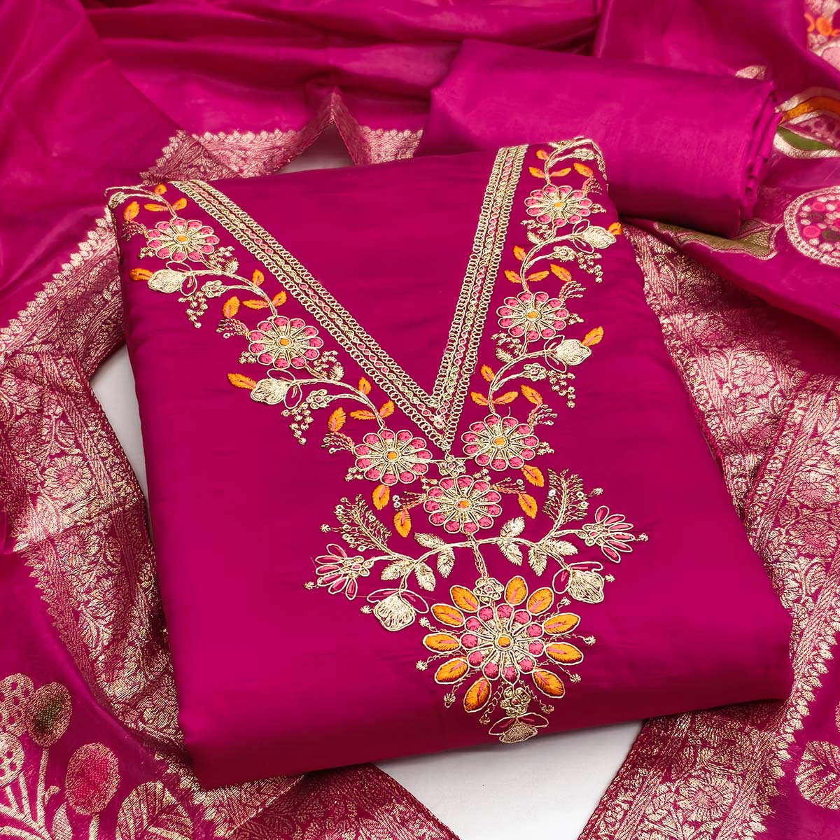 Exclusive Rani Pink Floral Cording Embroidered Silk Blend Dress Material With Luxe Sequins Work