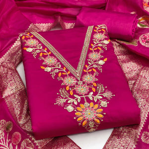 Exclusive Rani Pink Floral Cording Embroidered Silk Blend Dress Material With Luxe Sequins Work