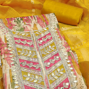 Yellow Floral Digital Printed Shimmer Silk Dress Material With Elegant Embroidery & Gota Patti Work