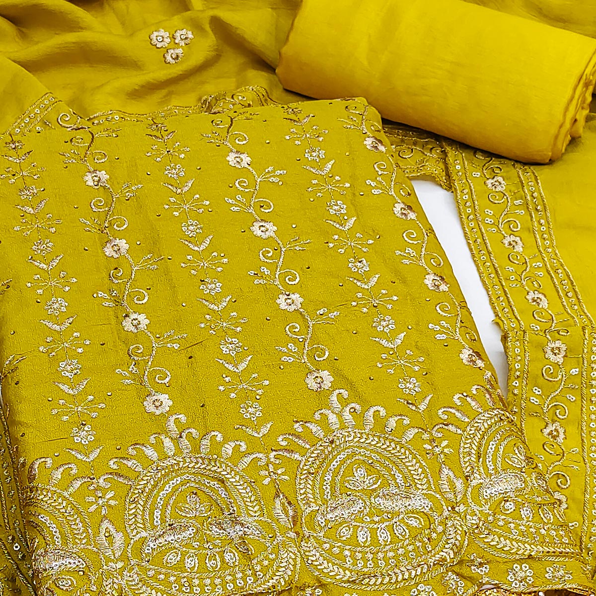 Lemon Yellow Floral Vichitra Silk Dress Material Adorned With Floral Embroidery & Swarovski Work
