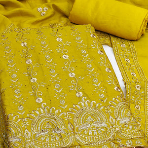 Lemon Yellow Floral Vichitra Silk Dress Material Adorned With Floral Embroidery & Swarovski Work