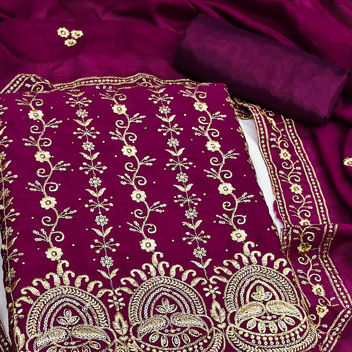 Purple Floral Vichitra Silk Dress Material Adorned With Floral Embroidery & Swarovski Work