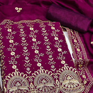 Purple Floral Vichitra Silk Dress Material Adorned With Floral Embroidery & Swarovski Work