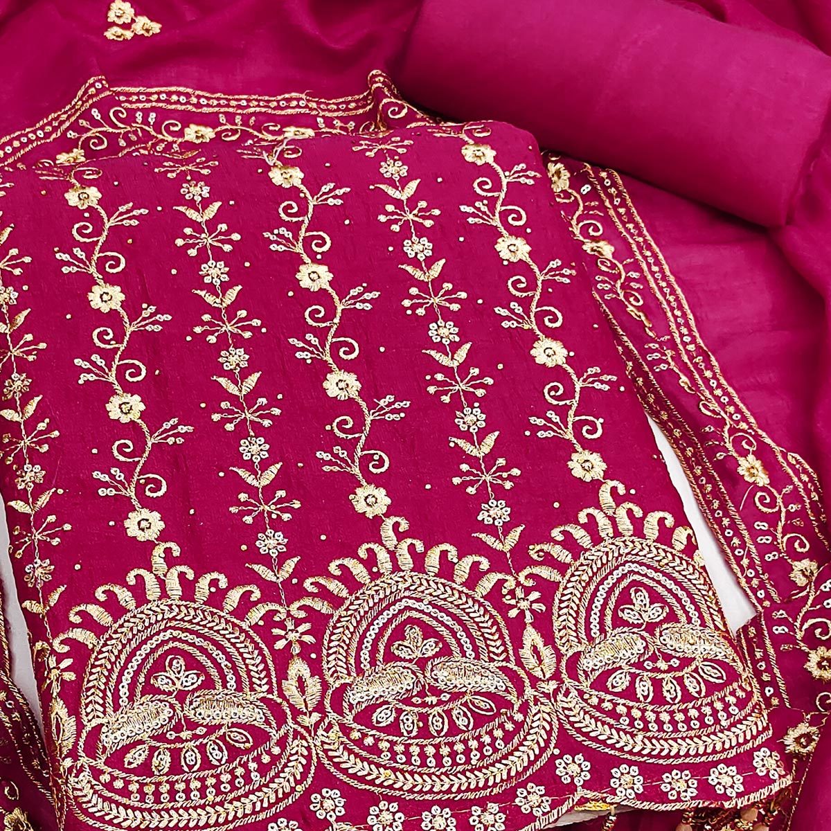 Rani Pink Floral Vichitra Silk Dress Material Adorned With Floral Embroidery & Swarovski Work