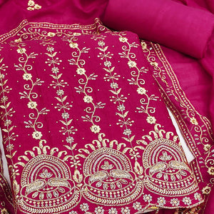 Rani Pink Floral Vichitra Silk Dress Material Adorned With Floral Embroidery & Swarovski Work