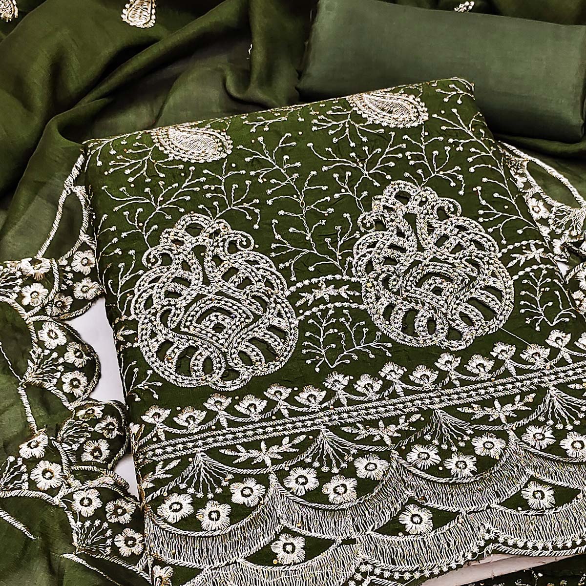 Mehendi Green Vichitra Silk Dress Material Showcasing Paisley & Floral Embroidery With Swarovski