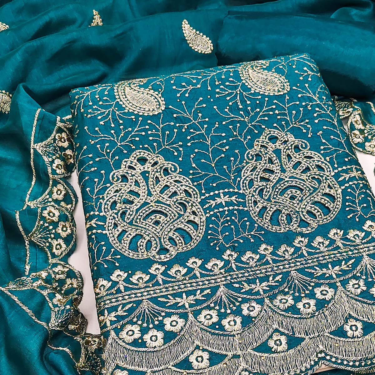 Morpich Blue Vichitra Silk Dress Material Showcasing Paisley & Floral Embroidery With Swarovski