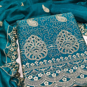 Morpich Blue Vichitra Silk Dress Material Showcasing Paisley & Floral Embroidery With Swarovski