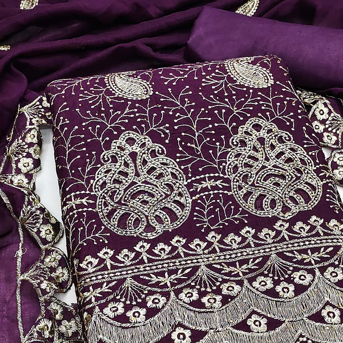 Purple Vichitra Silk Dress Material Showcasing Paisley & Floral Embroidery With Swarovski