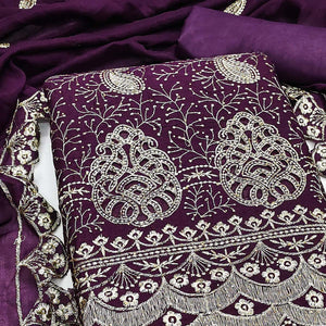 Purple Vichitra Silk Dress Material Showcasing Paisley & Floral Embroidery With Swarovski