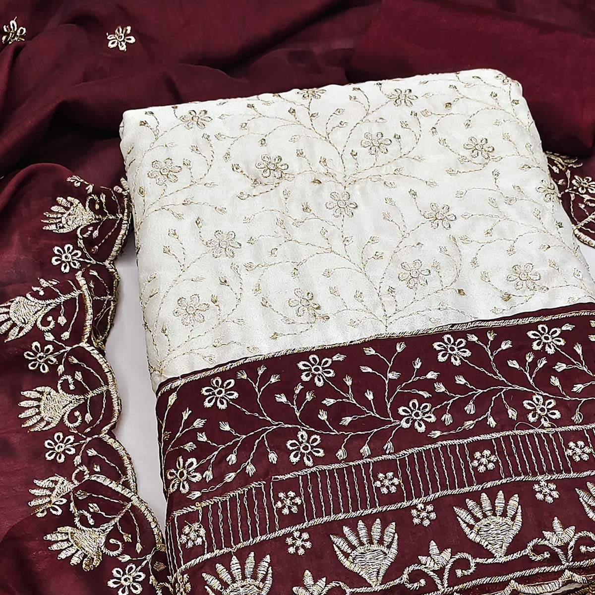 Chic OffWhite & Maroon Vichitra Silk Dress Material Adorned With Floral Embroidery