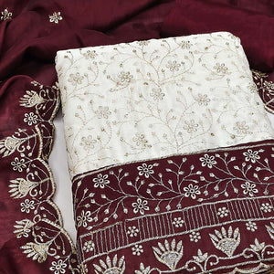 Chic OffWhite & Maroon Vichitra Silk Dress Material Adorned With Floral Embroidery