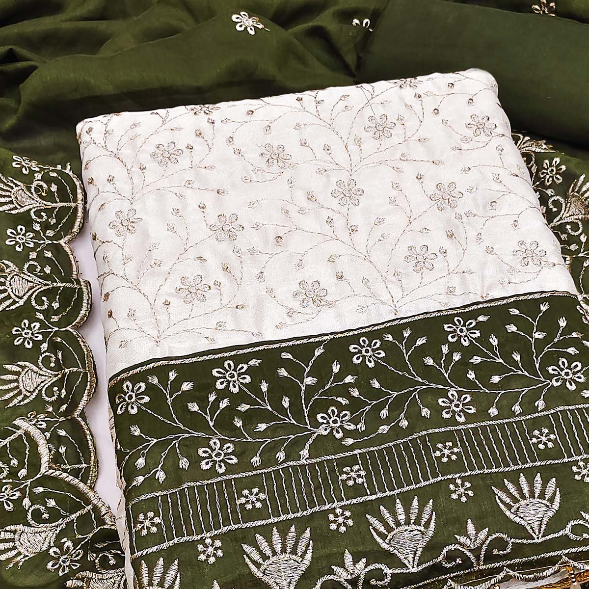 Chic OffWhite & Mehendi Green Vichitra Silk Dress Material Adorned With Floral Embroidery