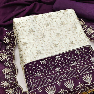 Chic OffWhite & Purple Vichitra Silk Dress Material Adorned With Floral Embroidery