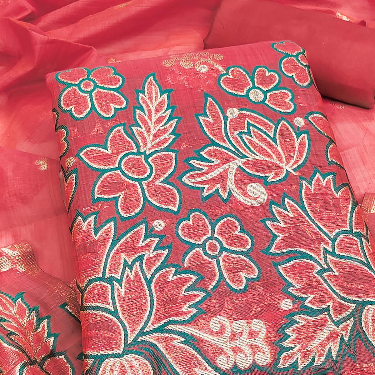 Graceful Brick Red Jamdani Art Silk Dress Material Adorned With Intricate Floral Weaving Work