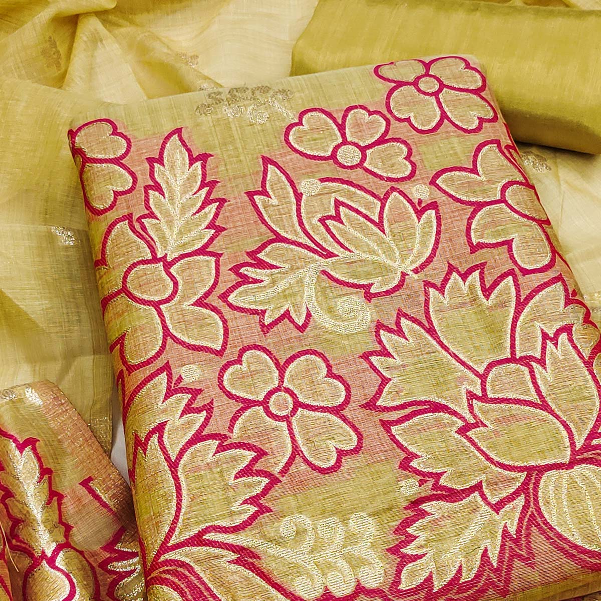 Graceful Chikoo Jamdani Art Silk Dress Material Adorned With Intricate Floral Weaving Work