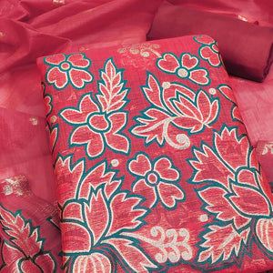 Graceful Pink Jamdani Art Silk Dress Material Adorned With Intricate Floral Weaving Work