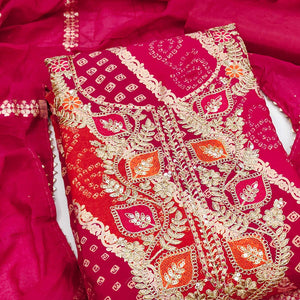 Classic Rani Pink Roman Art Silk Dress Material With Bandhani Prints & Floral Cording Embroidery