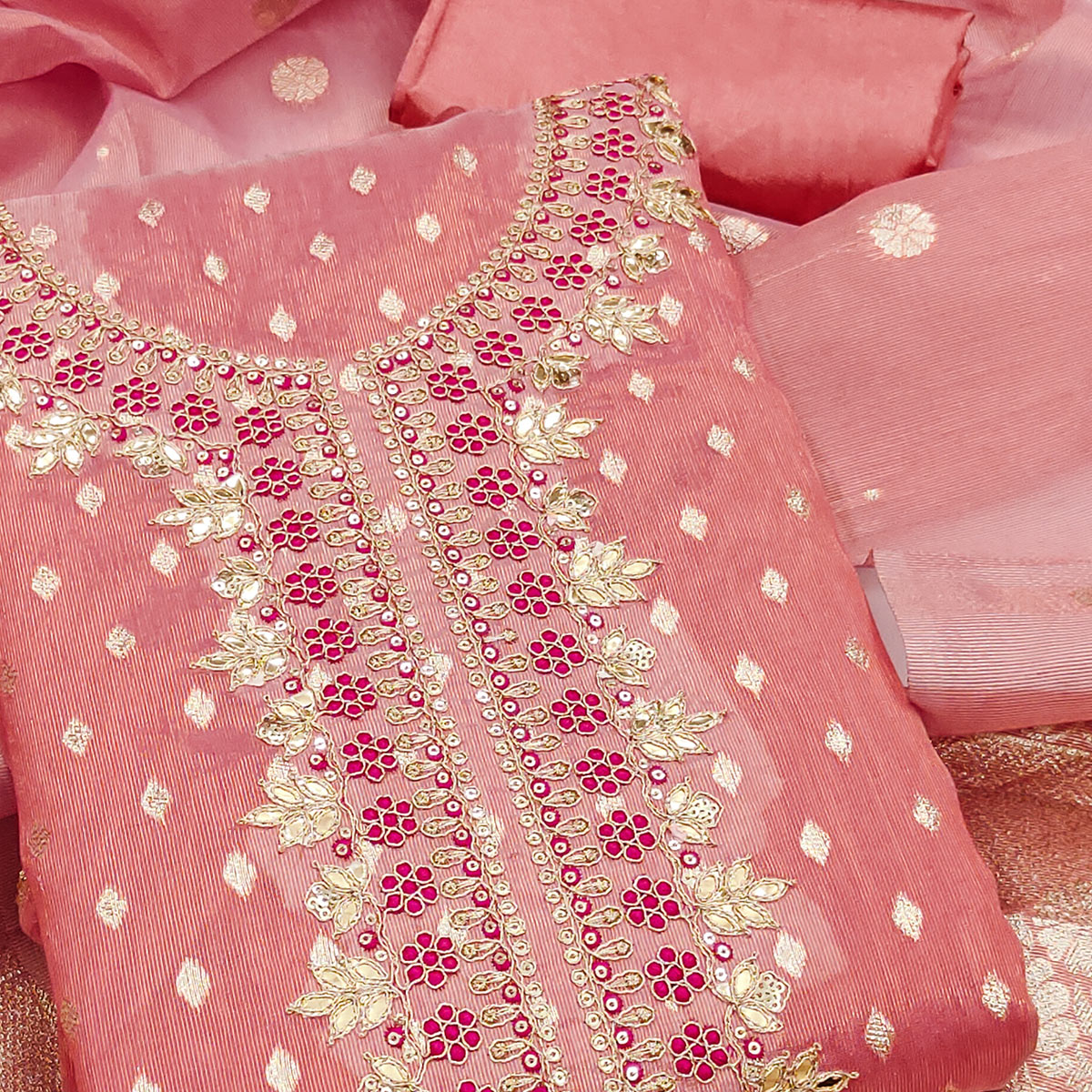 Radiant Peach Jacquard Butti Shimmer Silk Dress Material With Elegant Cording Sequins Embroidery