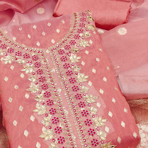 Radiant Peach Jacquard Butti Shimmer Silk Dress Material With Elegant Cording Sequins Embroidery