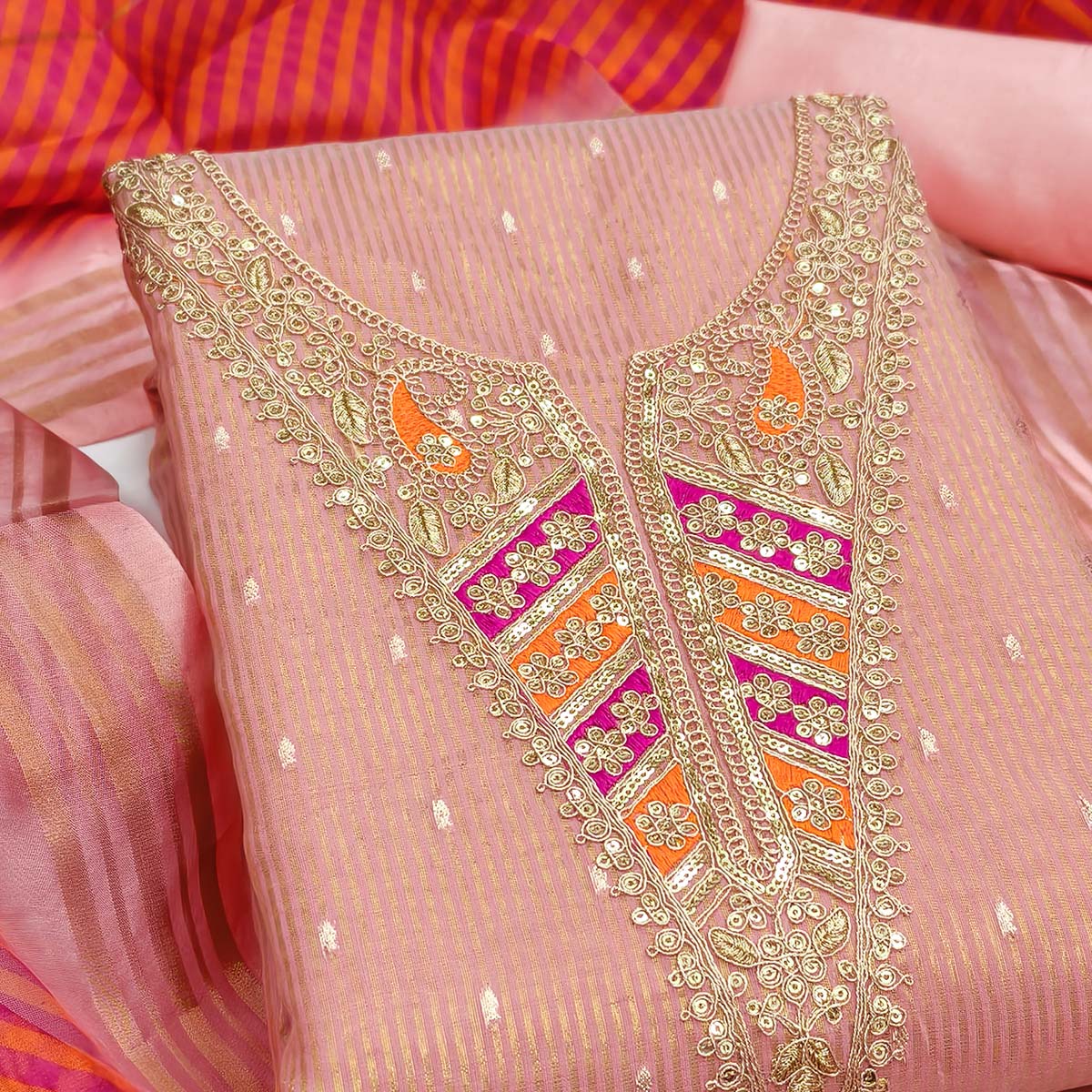 Premium Pink Shimmer Dress Material With Detailed Butti Weaving & Cording Embroidery