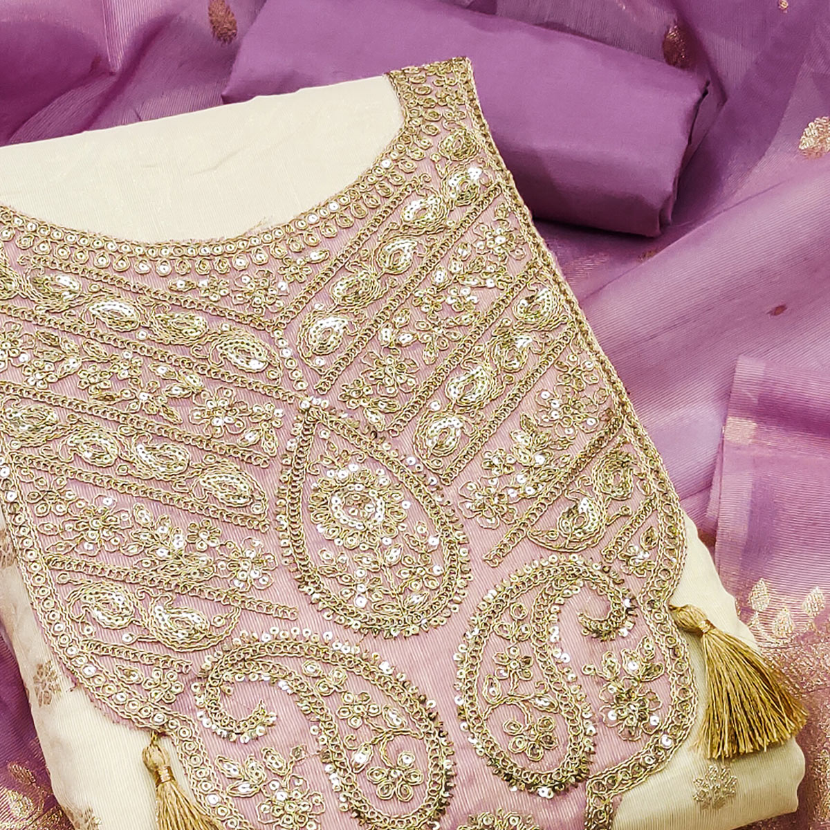 Cream & Lavender Butti Weaving Shimmer Silk Dress Material Accented With Sequins Cording Embroidery