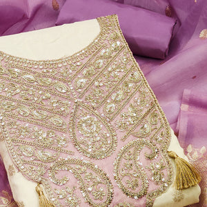 Cream & Lavender Butti Weaving Shimmer Silk Dress Material Accented With Sequins Cording Embroidery