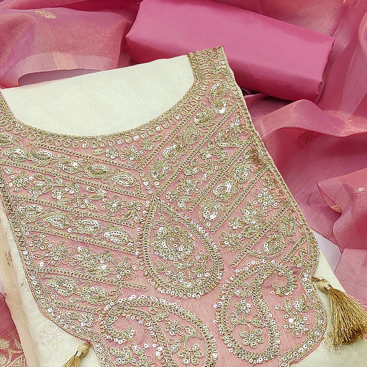 Cream & Pink Butti Weaving Shimmer Silk Dress Material Accented With Sequins Cording Embroidery