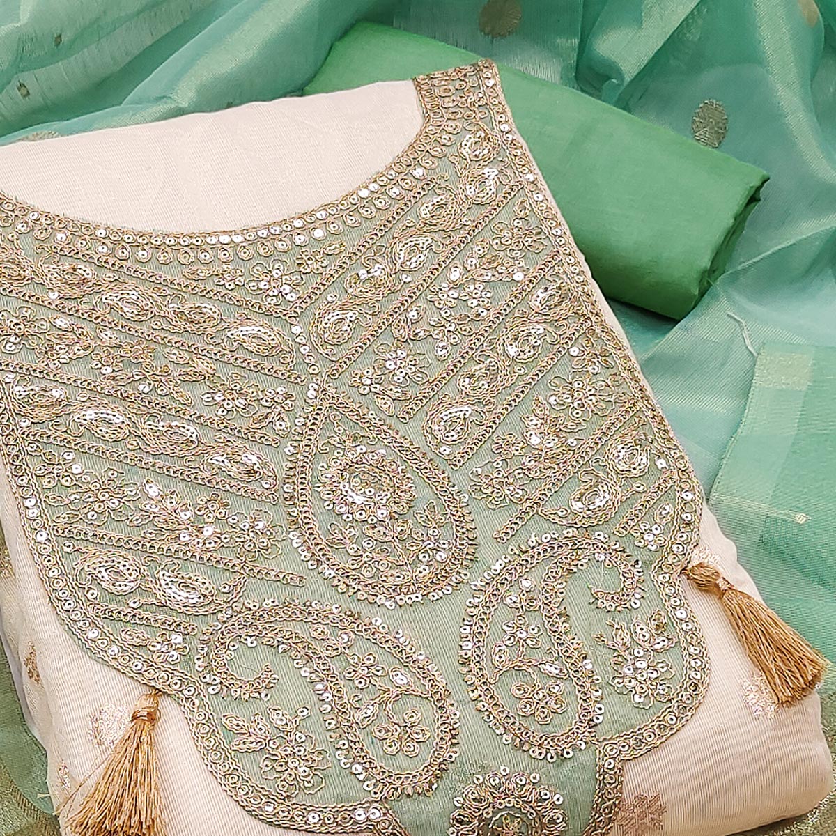 Cream & Turquoise Butti Weaving Shimmer Silk Dress Material Accented With Sequin Cording Embroidery