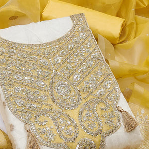 Cream & Yellow Butti Weaving Shimmer Silk Dress Material Accented With Sequins Cording Embroidery
