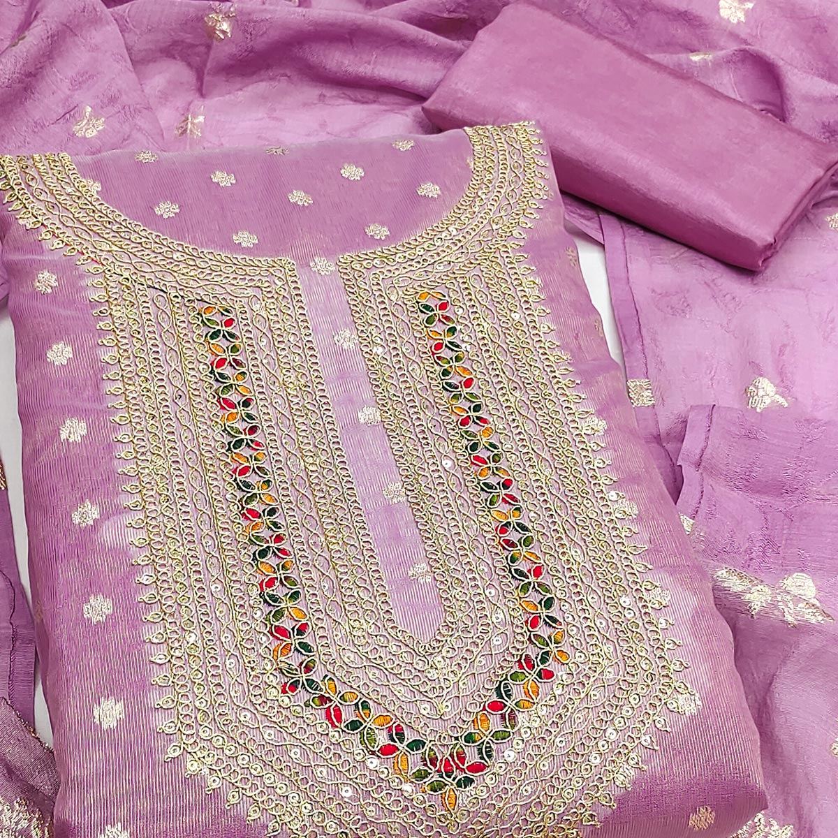 Exclusive Lavender Floral Butti Weaving Shimmer Silk Dress Material With Cording Sequins Embroidery