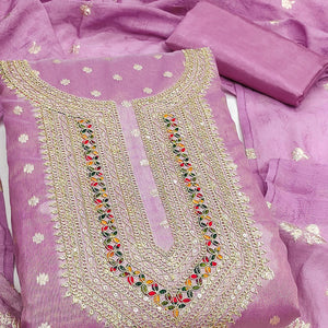 Exclusive Lavender Floral Butti Weaving Shimmer Silk Dress Material With Cording Sequins Embroidery