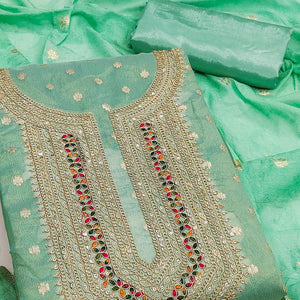 Exclusive Turquoise Floral Butti Weaving Shimmer Silk Dress Material With Cording Sequin Embroidery