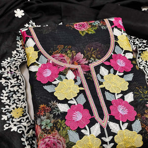 Designer Black Floral Digital Printed Shimmer Silk Dress Material Featuring Embroidery Work