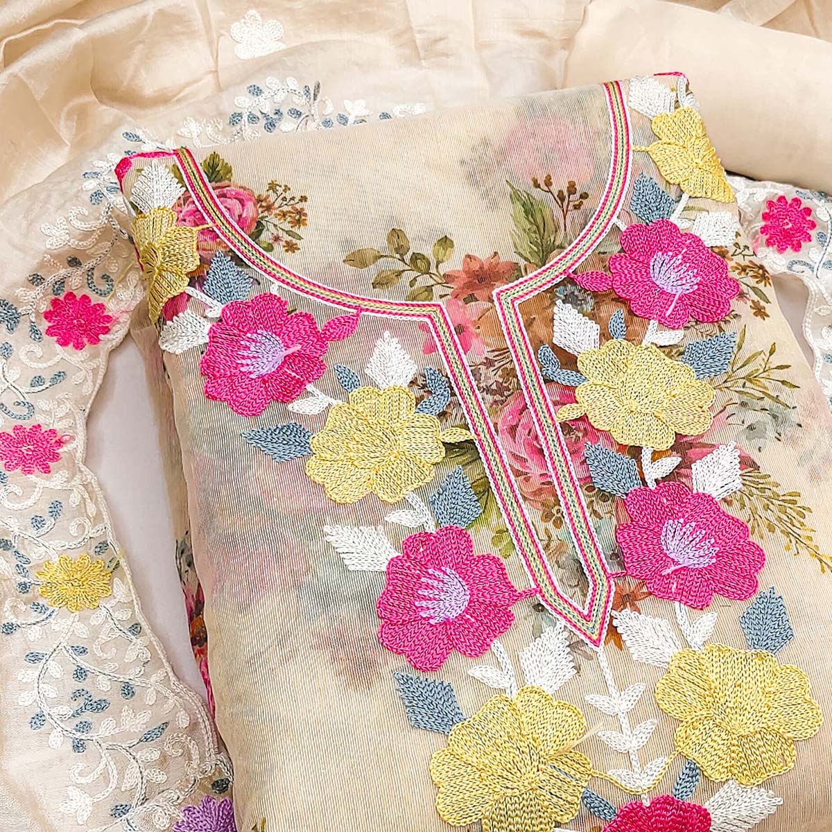 Designer Cream Floral Digital Printed Shimmer Silk Dress Material Featuring Embroidery Work